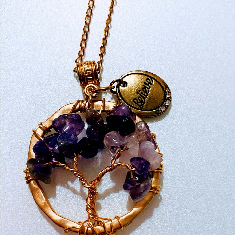 Amethyst chip beaded tree necklace with believe charm